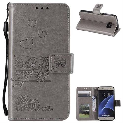 Embossing Owl Couple Flower Leather Wallet Case for Samsung Galaxy S7 G930 - Gray