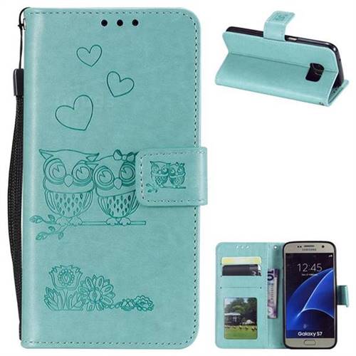 Embossing Owl Couple Flower Leather Wallet Case for Samsung Galaxy S7 G930 - Green