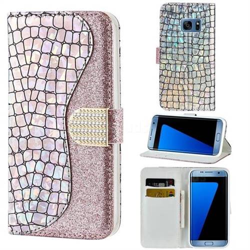 Glitter Diamond Buckle Laser Stitching Leather Wallet Phone Case for Samsung Galaxy S7 G930 - Pink