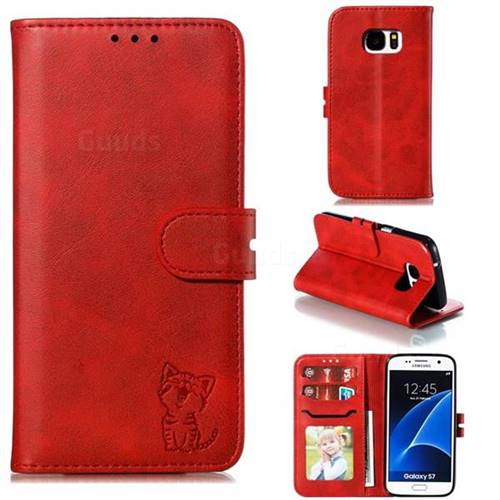 Embossing Happy Cat Leather Wallet Case for Samsung Galaxy S7 G930 - Red