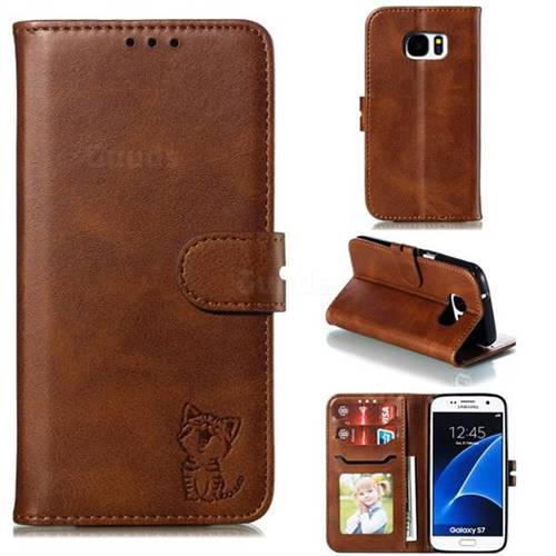 Embossing Happy Cat Leather Wallet Case for Samsung Galaxy S7 G930 - Brown