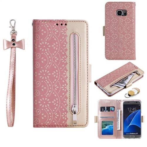 Luxury Lace Zipper Stitching Leather Phone Wallet Case for Samsung Galaxy S7 G930 - Pink