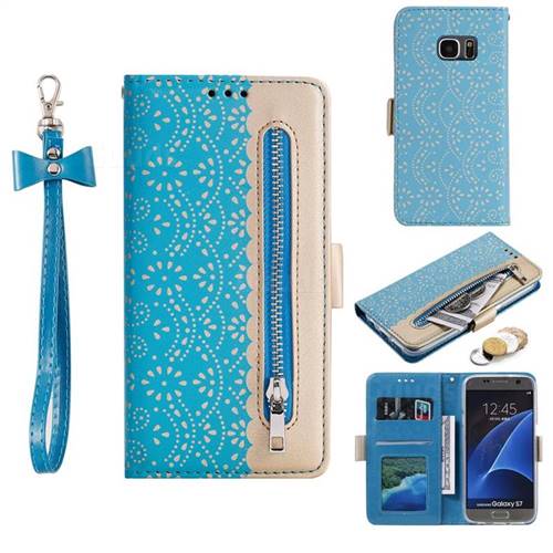Luxury Lace Zipper Stitching Leather Phone Wallet Case for Samsung Galaxy S7 G930 - Blue