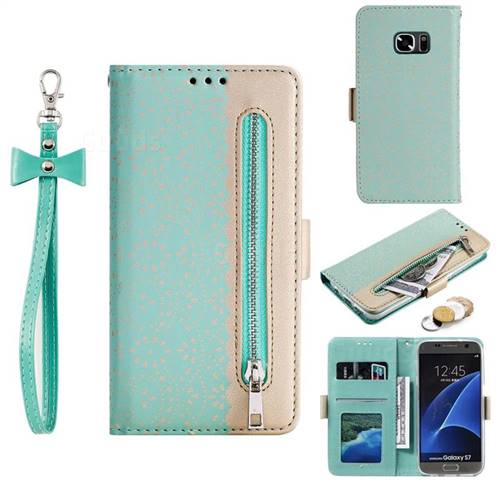 Luxury Lace Zipper Stitching Leather Phone Wallet Case for Samsung Galaxy S7 G930 - Green