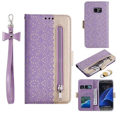 Luxury Lace Zipper Stitching Leather Phone Wallet Case for Samsung Galaxy S7 G930 - Purple
