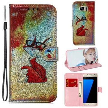 Glasses Fox Laser Shining Leather Wallet Phone Case for Samsung Galaxy S7 G930