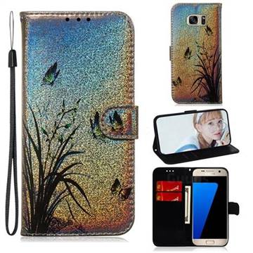 Butterfly Orchid Laser Shining Leather Wallet Phone Case for Samsung Galaxy S7 G930