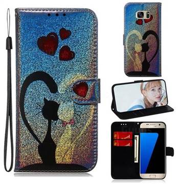 Love Cat Laser Shining Leather Wallet Phone Case for Samsung Galaxy S7 G930