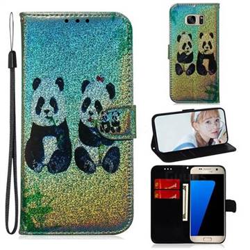 Two Pandas Laser Shining Leather Wallet Phone Case for Samsung Galaxy S7 G930