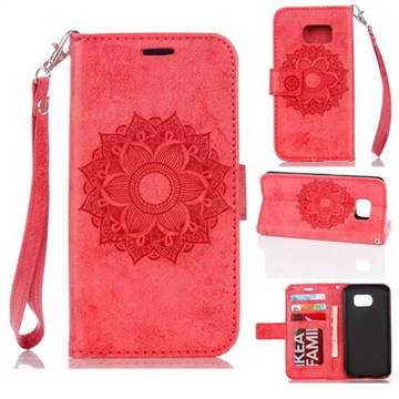 Embossing Retro Matte Mandala Flower Leather Wallet Case for Samsung Galaxy S7 G930 - Red