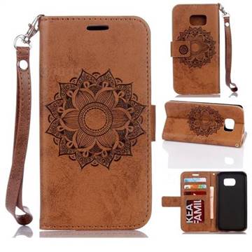 Embossing Retro Matte Mandala Flower Leather Wallet Case for Samsung Galaxy S7 G930 - Brown