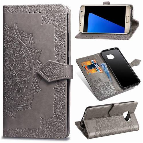 Embossing Imprint Mandala Flower Leather Wallet Case for Samsung Galaxy S7 G930 - Gray