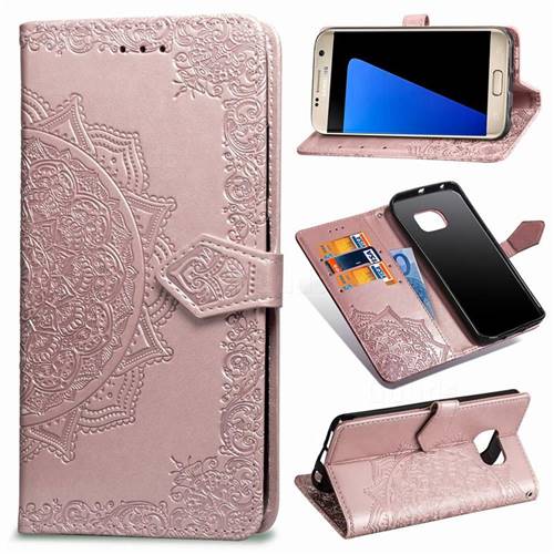Embossing Imprint Mandala Flower Leather Wallet Case for Samsung Galaxy S7 G930 - Rose Gold