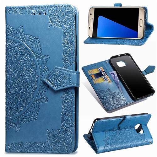 Embossing Imprint Mandala Flower Leather Wallet Case for Samsung Galaxy S7 G930 - Blue