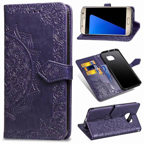 Embossing Imprint Mandala Flower Leather Wallet Case for Samsung Galaxy S7 G930 - Purple
