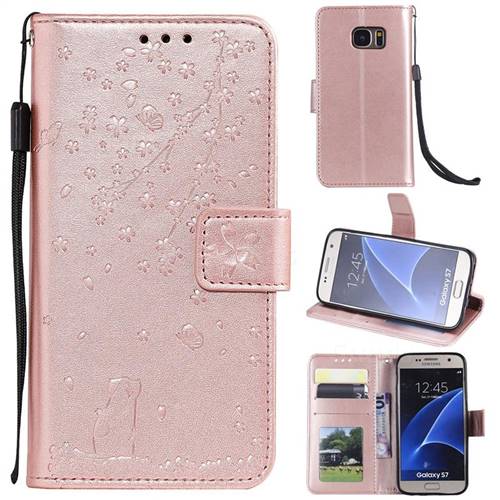 kiwi Física lluvia Embossing Cherry Blossom Cat Leather Wallet Case for Samsung Galaxy S7 G930  - Rose Gold - Leather Case - Guuds