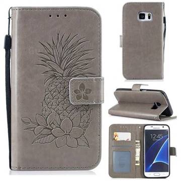 Embossing Flower Pineapple Leather Wallet Case for Samsung Galaxy S7 G930 - Gray