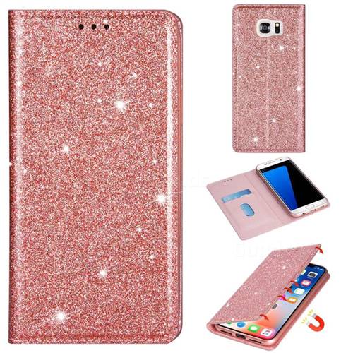 Ultra Slim Glitter Powder Magnetic Automatic Suction Leather Wallet Case for Samsung Galaxy S7 G930 - Rose Gold