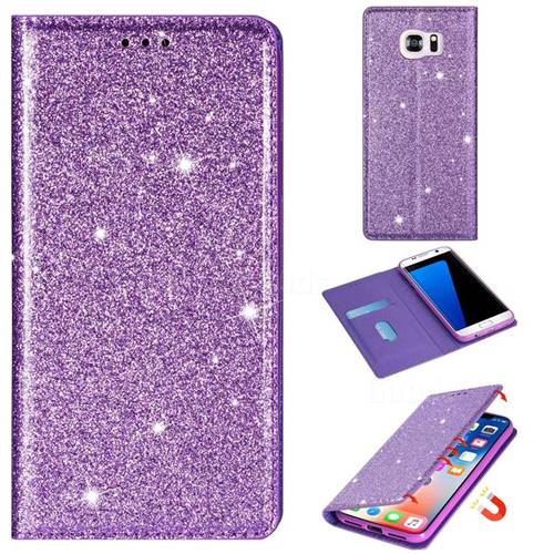 Ultra Slim Glitter Powder Magnetic Automatic Suction Leather Wallet Case for Samsung Galaxy S7 G930 - Purple
