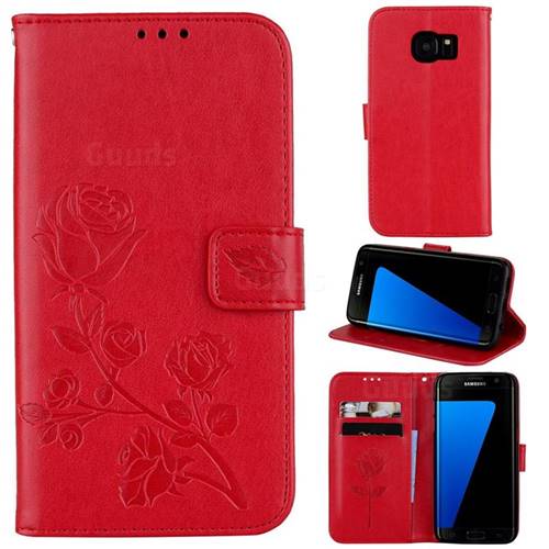 Embossing Rose Flower Leather Wallet Case for Samsung Galaxy S7 G930 - Red