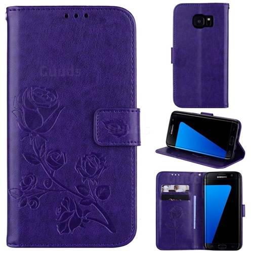 Embossing Rose Flower Leather Wallet Case for Samsung Galaxy S7 G930 - Purple