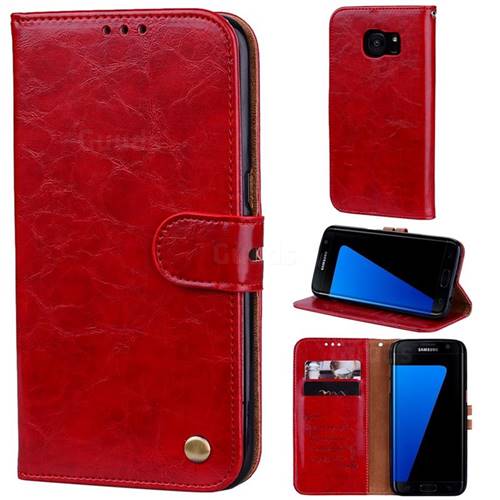 Luxury Retro Oil Wax PU Leather Wallet Phone Case for Samsung Galaxy S7 G930 - Brown Red