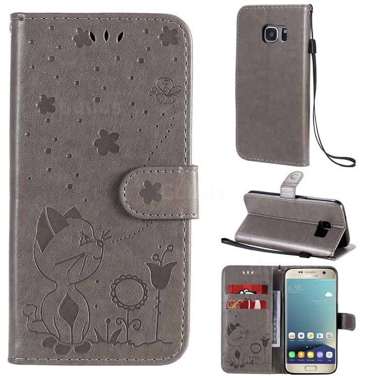 Embossing Bee and Cat Leather Wallet Case for Samsung Galaxy S7 G930 - Gray