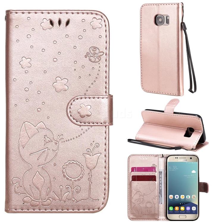 Embossing Bee and Cat Leather Wallet Case for Samsung Galaxy S7 G930 - Rose Gold