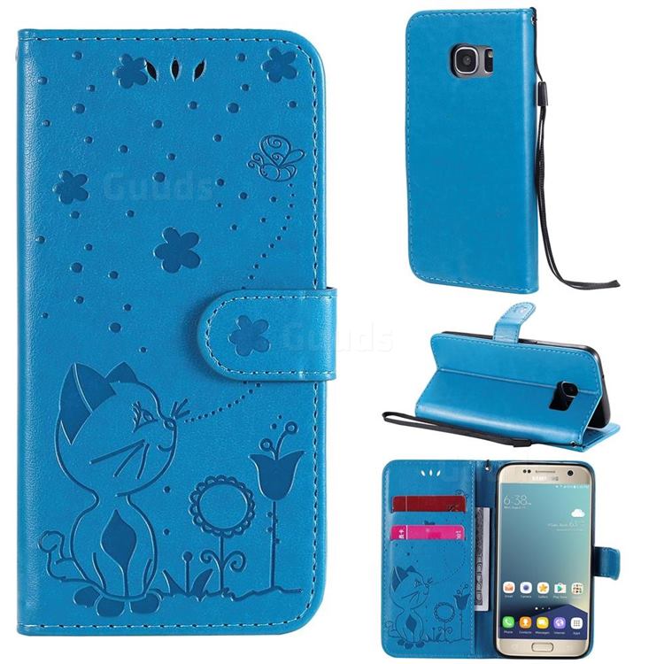 Embossing Bee and Cat Leather Wallet Case for Samsung Galaxy S7 G930 - Blue