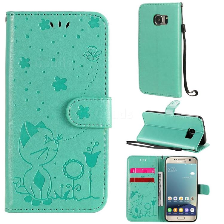 Embossing Bee and Cat Leather Wallet Case for Samsung Galaxy S7 G930 - Green