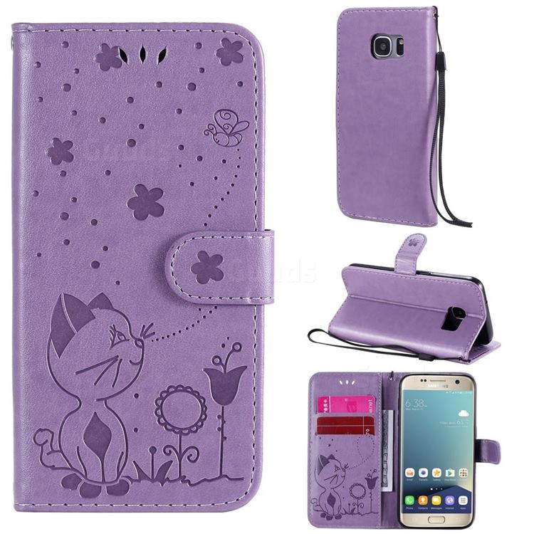Embossing Bee and Cat Leather Wallet Case for Samsung Galaxy S7 G930 - Purple