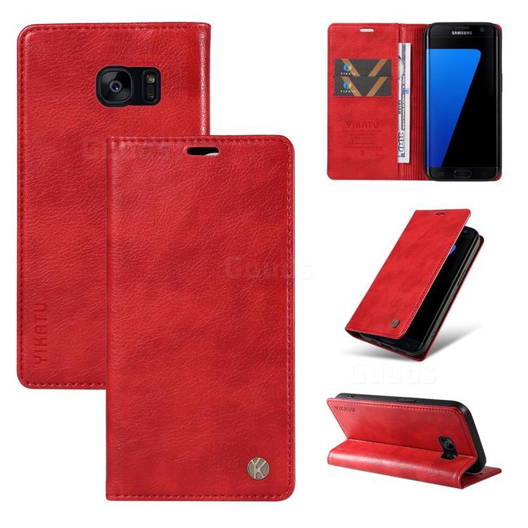 YIKATU Litchi Card Magnetic Automatic Suction Leather Flip Cover for Samsung Galaxy S7 G930 - Bright Red