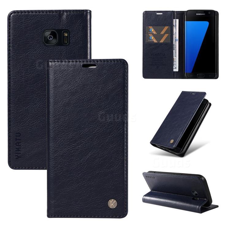 YIKATU Litchi Card Magnetic Automatic Suction Leather Flip Cover for Samsung Galaxy S7 G930 - Navy Blue