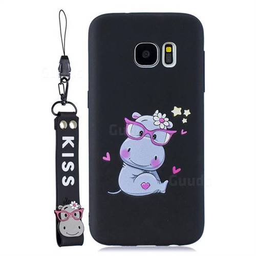Black Flower Hippo Soft Kiss Candy Hand Strap Silicone Case for Samsung Galaxy S7 Edge s7edge