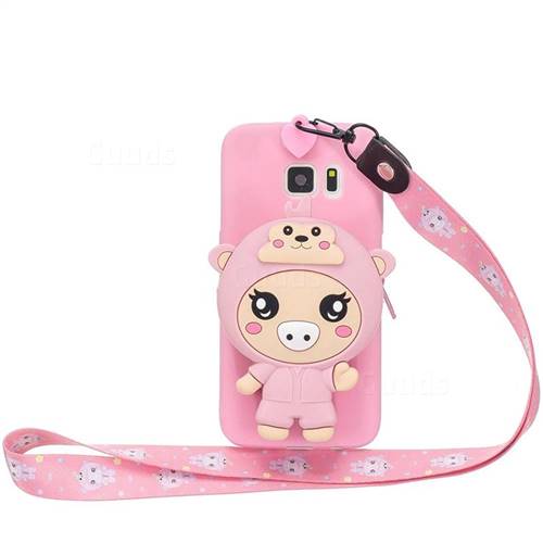Pink Pig Neck Lanyard Zipper Wallet Silicone Case for Samsung Galaxy S7 Edge s7edge