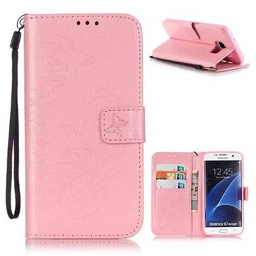 Embossing Butterfly Flower Leather Wallet Case for Samsung Galaxy S7 Edge - Pink