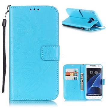 Embossing Butterfly Flower Leather Wallet Case for Samsung Galaxy S7 Edge - Blue