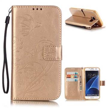 Embossing Butterfly Flower Leather Wallet Case for Samsung Galaxy S7 Edge - Champagne