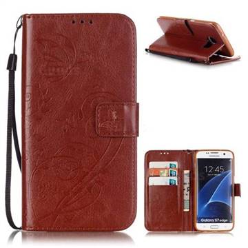 Embossing Butterfly Flower Leather Wallet Case for Samsung Galaxy S7 Edge - Brown