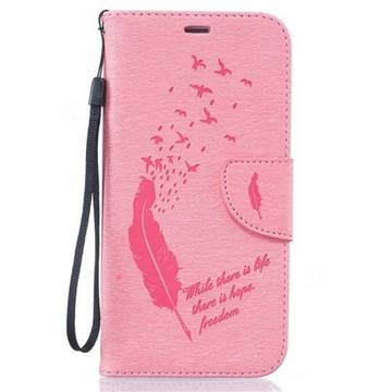 Intricate Embossing Feather Bird Leather Wallet Case for Samsung Galaxy S7 Edge - Pink
