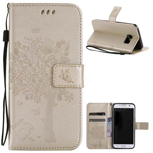 Embossing Butterfly Tree Leather Wallet Case for Samsung Galaxy S7 Edge - Champagne