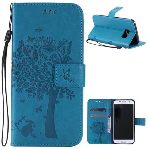 Embossing Butterfly Tree Leather Wallet Case for Samsung Galaxy S7 Edge - Blue