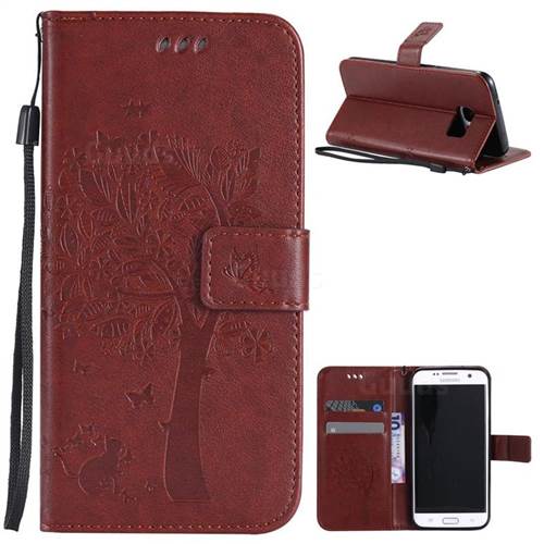 Embossing Butterfly Tree Leather Wallet Case for Samsung Galaxy S7 Edge - Brown