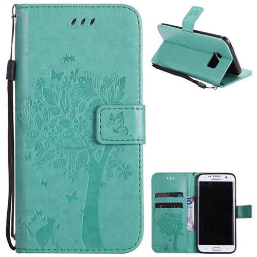 Embossing Butterfly Tree Leather Wallet Case for Samsung Galaxy S7 Edge s7edge - Cyan