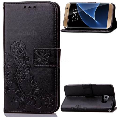 Embossing Imprint Four-Leaf Clover Leather Wallet Case for Samsung Galaxy S7 Edge - Black