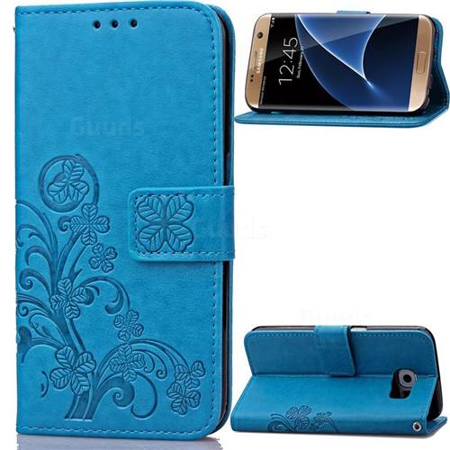 Embossing Imprint Four-Leaf Clover Leather Wallet Case for Samsung Galaxy S7 Edge - Blue