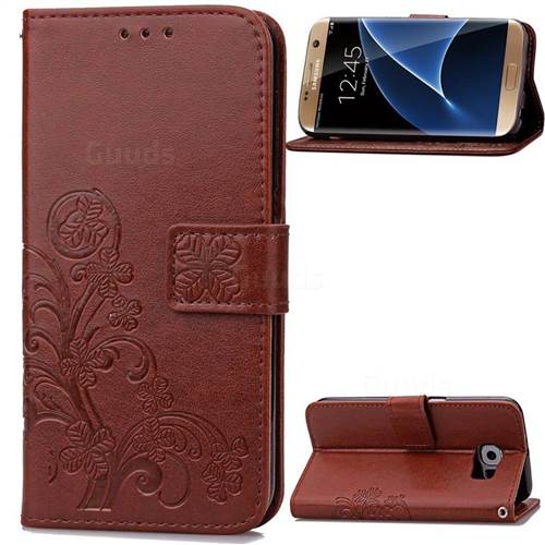 Embossing Imprint Four-Leaf Clover Leather Wallet Case for Samsung Galaxy S7 Edge - Brown