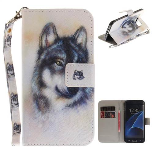 Snow Wolf Hand Strap Leather Wallet Case for Samsung Galaxy S7 Edge s7edge