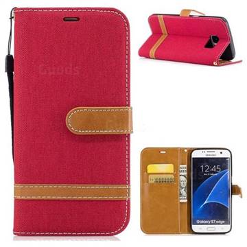 Jeans Cowboy Denim Leather Wallet Case for Samsung Galaxy S7 Edge s7edge - Red