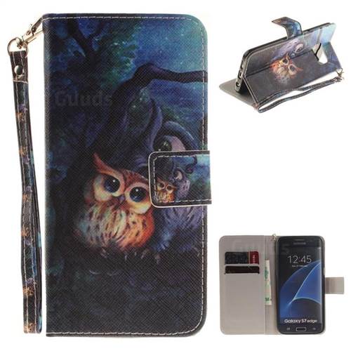 Oil Painting Owl Hand Strap Leather Wallet Case for Samsung Galaxy S7 Edge s7edge